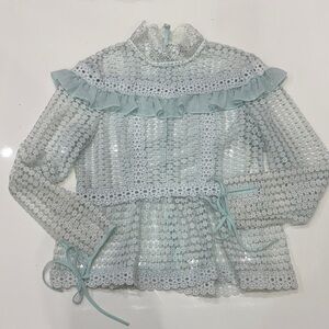True Decadence Lace Ruffle Blouse - Soft Blue